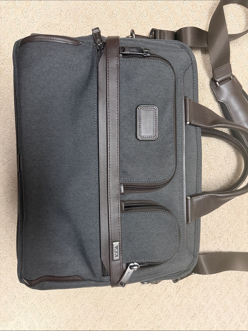 Tumi Alpha Expandable Lap Charcoal Gray Canvas Laptop Brief with Brown Trim